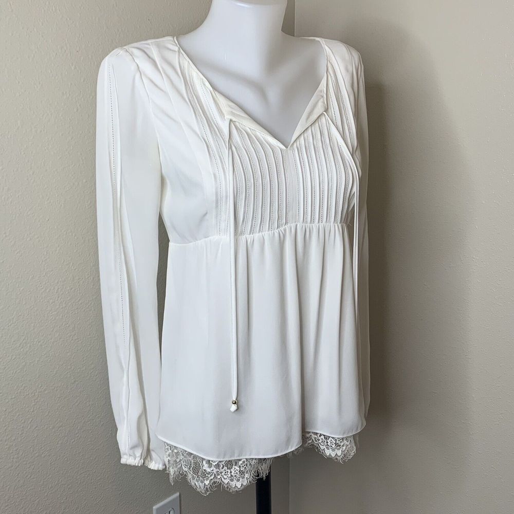 White House Black Market White Lace Trim Pintuck Peasant Blouse - Size 2